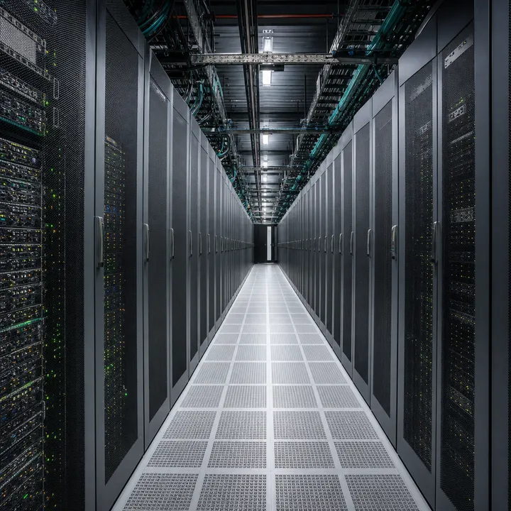 Interior aisle between server racks in a data centre